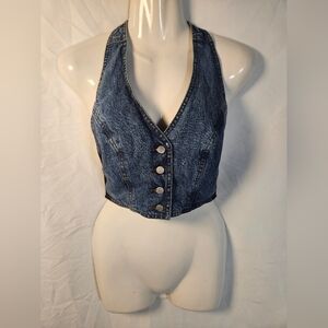 GUESS Jeans Denim Halter Top Y2K Open Back Button Front Crop Medium